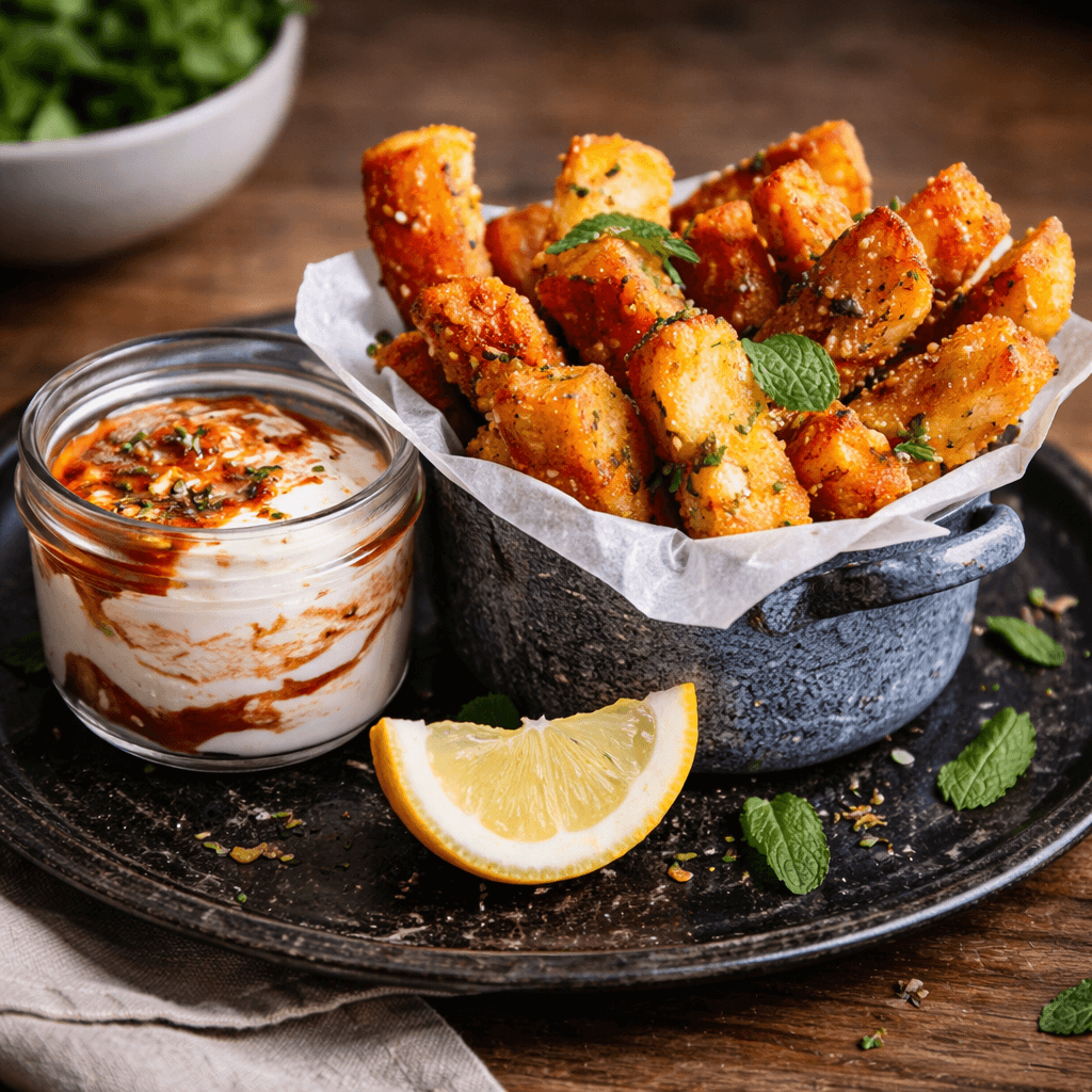 Chrupiące frytki z halloumi z ostrym dipem jogurtowym
